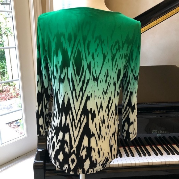 CALVIN KLEIN Green Black Bateau Neck Silky 3/4 sleeve top Women’s size small - Picture 7 of 13